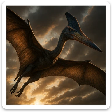quetzalcoatlus dinosaur in the style of the Ark: Survival Evolved game, flying with wings spread, dramatic lighting, realistic textures sticker