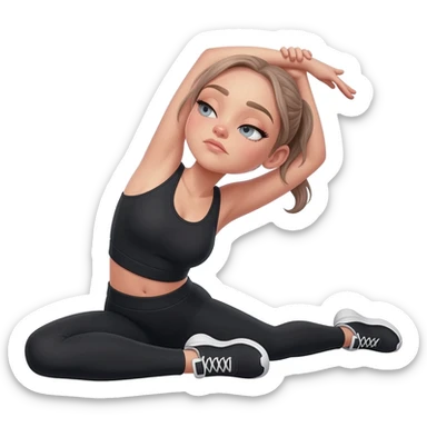 gentle bedtime stretch with sleepy mood, fair-skinned woman, gray-blue eyes, ash brown brows, ash light brown hair tied back, slim athletic body, black workout set, black sneakers with white soles sticker