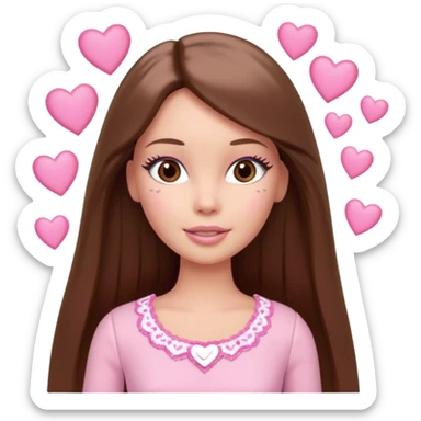 Barbie girl , brown long straight hair and brown eyes is In pale pink clothes There are pink hearts all around sticker