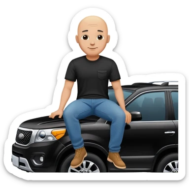 bald man sitting on top of a Kia Mohave SUV sticker