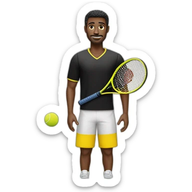 Vecchio uomo vestito di nero e giallo gioca stanco con una racchetta da tennis sticker