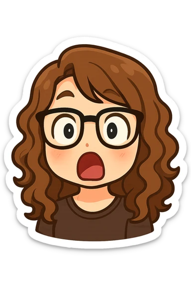 Create a chibi sticker emoji of this person with glasses and curly hair, surprised expression, in Twitch emote style, with a transparent background. sticker