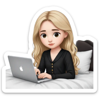 Sabrina carpenter in a black nightdress sitting on a bed with her laptop open  sticker