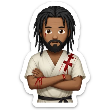 African American man with shoulder length black dreadlocks with black beard wearing a white tunic with blood on it with arms folded together sticker