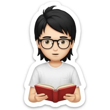generate a pretty fair bratz boy with a long messy mullet (black hair), wearing a white tshirt. Reading a book. He has spectacles on.  sticker