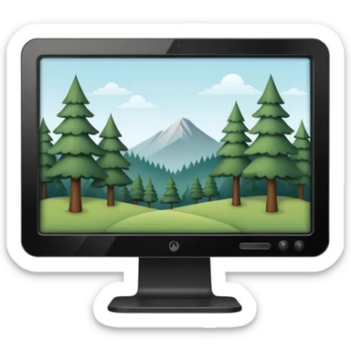 Minimalistic flat vector icon, iOS style, thin black contour on white background. Computer monitor with a simple forest scene on the screen (trees, minimal landscape). Clean, no text, no shadows sticker