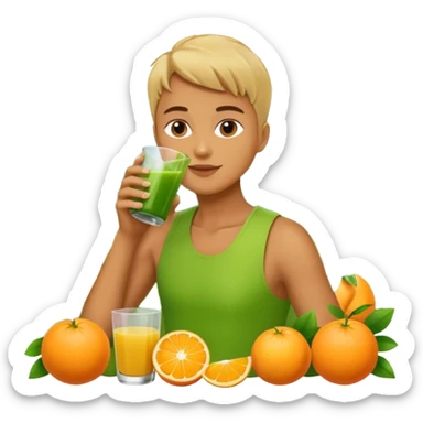 juice, colors yellow,orange,forest fruits, person, green juice sticker