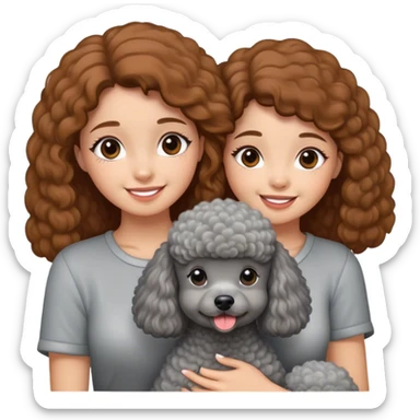 A girl with straight, caramel brown hair holding a grey poodle sticker