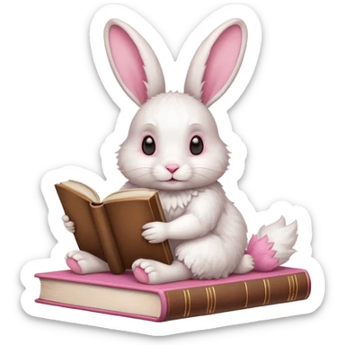White rabbit sitting horizontally in a natural position on 4 legs, without a book.  There are 3 books nearby. books lie on top of each other  in brown tones

 sticker