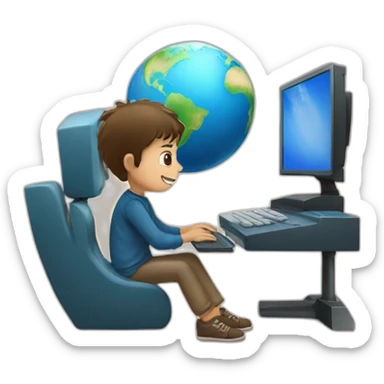 A boy with a computer and behind the planet Earth sticker