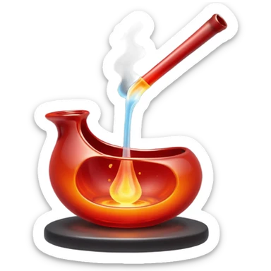 Glassblowing and casting icon, molten glass being shaped into a delicate object with a blowpipe, glowing red-hot glass being poured into a mold, unfinished glass sculpture, minimalistic style, clean lines, transparent background. sticker