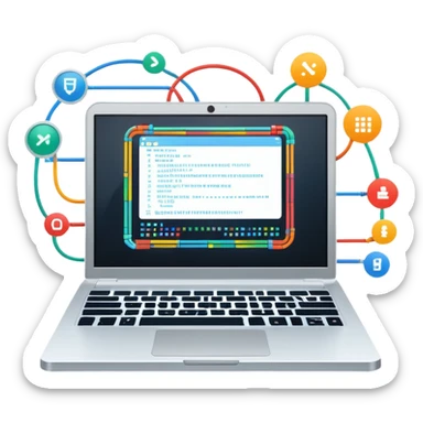 An icon featuring a laptop screen with colorful lines of code, brackets, and a blinking cursor, symbolizing programming. The design includes flowcharts, gear icons, and binary code, representing software development and logical problem-solving. Transparent background highlights the world of coding. sticker