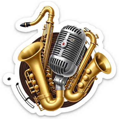 Create an artistic and dynamic emoji representing jazz vocal performance, featuring a vintage microphone as the central focus. Surround the microphone with traditional jazz instruments, such as a saxophone, trumpet, and upright bass, arranged in a harmonious, flowing design. Add musical notes and sound waves emanating from the microphone to symbolize the improvisational and expressive nature of jazz vocals. The instruments should have a polished, classic appearance with metallic gold and silver accents. Use rich colors like deep black, gold, and burgundy to evoke the sophisticated and soulful atmosphere of a jazz club. The background should be transparent. sticker