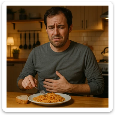 A man in his mid-30s sitting at a kitchen table with a plate of pasta and bread in front of him, looking uncomfortable and conflicted. His facial expression shows bloating, fatigue, and mild abdominal pain. One hand is on his stomach, the other hesitating to eat. sticker