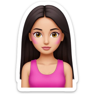 a pretty bratz emoji that looks like katrina kaif with straight side part hair wearing a neon pink sleeveless top sticker