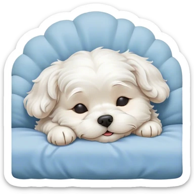 Cinematic Meme-Worthy cute Sleeping Wavy-Haired Maltese dog Portrait Emoji, Head resting peacefully with a contented smile, featuring a delightfully cute build and a luxuriously soft, wavy-haired white coat, eyes shut in a serene nap, Simplified yet hilariously adorable features, highly detailed, glowing with a soft, drowsy light, high shine, relaxed and utterly lovable, stylized with an air of playful laziness, bright and endearing, soft glowing outline, capturing the essence of a comically sleepy companion, so meme-worthy it feels like it could instantly become the next viral sensation of adorable slumber! sticker