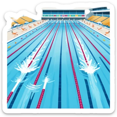 An icon featuring an Olympic swimming pool with multiple lanes and swimmers racing side by side. Splashes and lane dividers highlight the competition atmosphere. Transparent background emphasizes the energy, speed, and intensity of professional swimming events. sticker