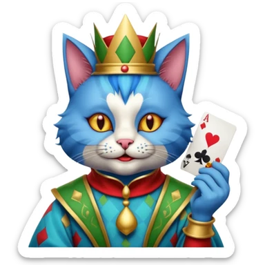 crazy colorful cute little cat jolly joker from poker, medieval, vintage, court jester, mac os icon, blue color, holds a single poker card sticker