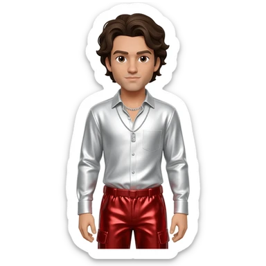 Anwar Jibawi with dark brown hair, white metallic shirt, red metallic baggy pants, silver necklace sticker