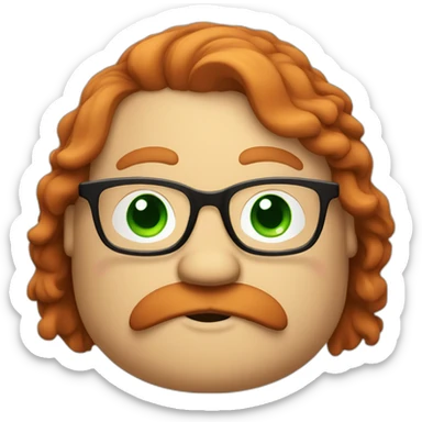 A red-haired fat guy with green eyes and withglasses and a beard sticker