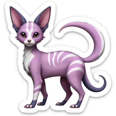 Fluffy, Purple, white, black, Minccino-Sphynx-Lykoi-Linoone-Zangoose-fusion-hybrid-animal-Fakémon-creature, full body, thin long sleek scaly tail, intricate markings sticker
