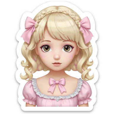 pale girl , who has curly medium length blonde and baby pink swirled hair with bangs , grey eyes , and doll like makeup , in a light pink lolita hime gyaru dress emoji | AI Emoji Generator sticker