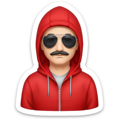 50-year-old man with a thin mustache, black aviator sunglasses, wearing a red hoodie with hood up sticker