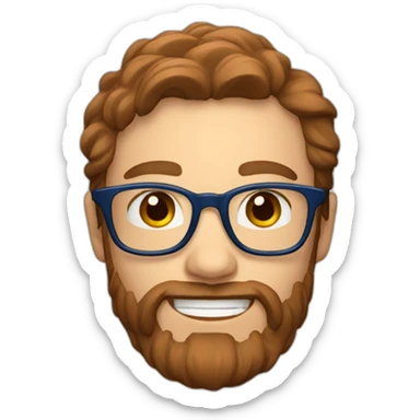 Scandinavian with blue eyes long and brown hair and a beard and red glasses and a big smile sticker