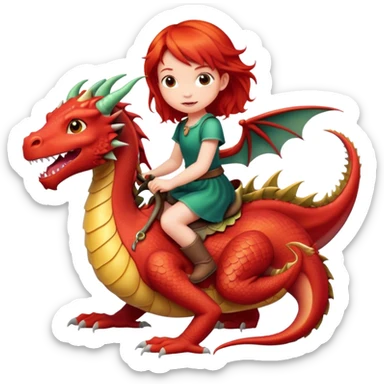Red headed little girl riding a dragon  sticker