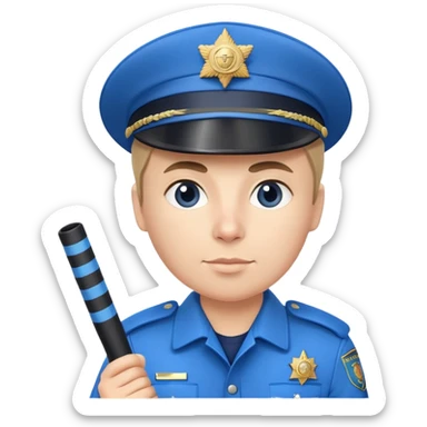 Russian traffic police officer in blue uniform with striped baton and peaked cap, holding traffic baton sticker