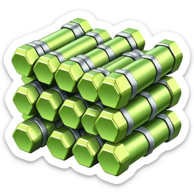 A bundle of uranium fuel rods used in a nuclear reactor, with a metallic structure and cylindrical rods, arranged in a hexagonal grid, futuristic and industrial style sticker