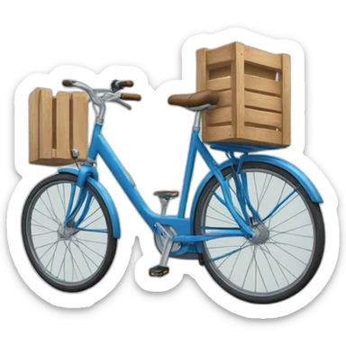 blue step-through bicycle with wooden crate on rear sticker