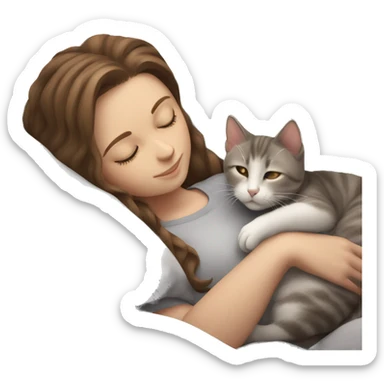 White girl brown hair sleeping with light grey kitten sticker
