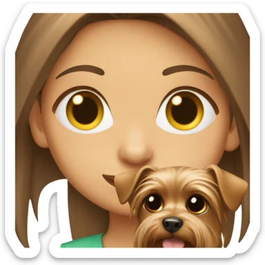Green eyed girl with brown hair holds Yorkshire Terrier sticker