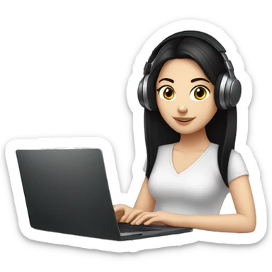 white girl with black hair working on laptop with headphones sticker