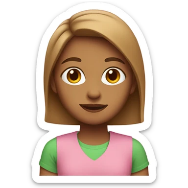 Light brown girl with below shoulder length hair wearing pink t-shirt with green trim  sticker