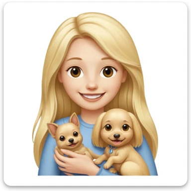 pale-skinned woman with very long blonde hair holding a dog sticker