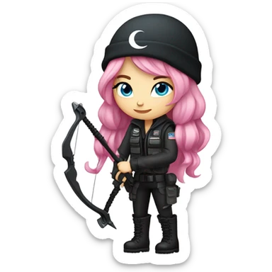 white girl, tactical vest, dark pants, pink hair, blue eyes, black beanie hat with crescent moon and stars on front, bow and arrow, black combat boots sticker
