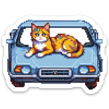 a playful cat lying on the roof of a car, pixel art style sticker