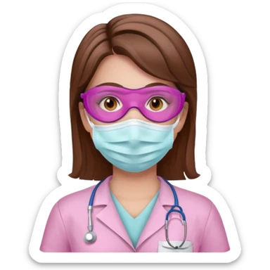 Dentista mujer con mascarilla rosada, cabello marron, piel blanca, camisa rosada, ojos marrones, sin lentes sticker
