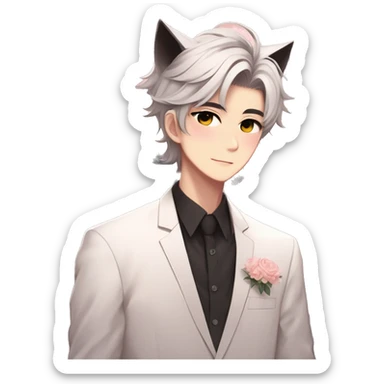 Gorgeous romantic anime style Asian formal modern shojo guy with cat ears and flowers and blushing face aesthetic trending style outside sticker