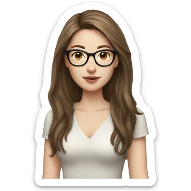 woman, pale skin, long length brown wolfcut hair, glasses sticker