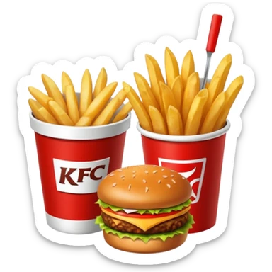 Plateau rouge avec dessus une bucket de poulet KFC , des frite dans un pot, un burgers et un coca sticker