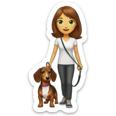 A woman with shoulder-length brown hair, straight bangs and green eyes has a rough-coated dachshund on a leash. sticker