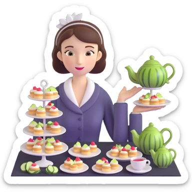 Sophisticated British young woman at afternoon tea party with teapot, cucumber sandwiches and petit fours sticker