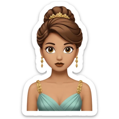 Woman using a long elegant dress. She has medium skin tone and a brown with gold makeup sticker