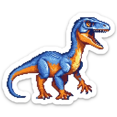 A bright blue velociraptor dinosaur with sharp teeth and claws sticker