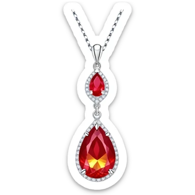 close-up teardrop ruby pendant with fiery light, yellow glow, tiny phoenix feather, shimmering white stones, silver chain sticker