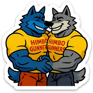 keep only the pair of ultra-muscular wolf furries in 'Himbo gunners' t-shirts hugging sticker