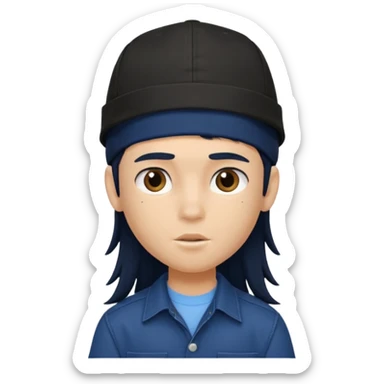 generate a pretty bratz boy wearing a dark blue button up shirt, long black mullet hair. 

Dark blue cap on head sticker